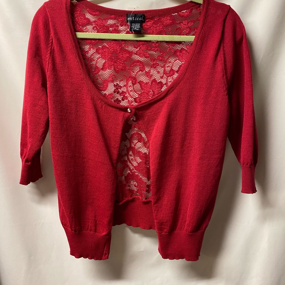 Wet Seal Red cardigan with lace back and top faux diamond / crystal button.